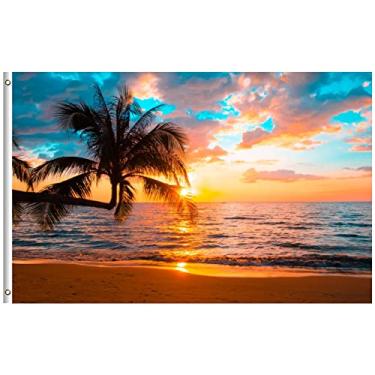 Imagem de Txtains Palmeiras tropicais de verão, pôr do sol dourado na praia, mar, oceano, bandeira de 9,5 x 1,5 m, face única com ilhós de latão, faixa de 9,5 x 1,5 m para decoração de casa de jardim e quintal