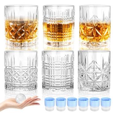 Imagem de MATUFF Copo Whiskey Rocks, Conjunto Misto de 6 (3 Estilos de Copos de Bourbon de Cristal, 6 Moldes Redondos Grandes Bolas de Gelo) Copos Antigos de 293 ml para Coquetéis Escoceses, Rum, Conhaque e