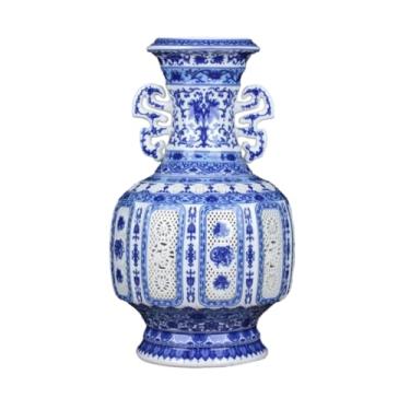 Imagem de Vaso de orelha dupla vazado azul e branco de cerâmica, decoração de casa de porcelana marfim de azulejo fino - azul e branco