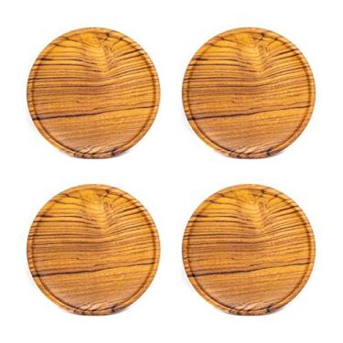Imagem de Rainforest Bowls Prato de madeira de teca redonda – Pacote médio com 4 pratos artesanais para saladas, lanches, sobremesas – 20,32 cm – Prato de jantar rústico de cozinha para comer – Utensílios de mesa de madeira natural da Indonésia