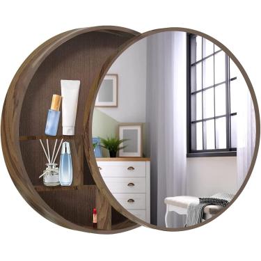 Imagem de Armário redondo com espelho de porta deslizante para banheiro, Armário de parede de banheiro com armazenamento, Armário de remédios para banheiro | Armários espelhados de madeira maciça com