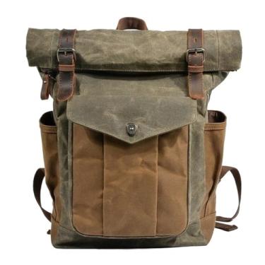 Imagem de Mochila de couro de lona encerada a óleo vintage para homens mochilas de viagem de grande capacidade mochilas masculinas para laptops de 14"(Army Green)