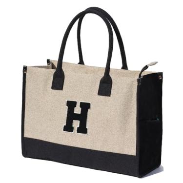 Imagem de ESVAN Sacola de lona personalizada para presentes de linho, bolsas de mão com fecho de zíper inicial, bolsa utilitária retrô, H