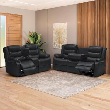 Imagem de Conjunto de Sofás 2 e 3 Lugares Sala de Estar Reclinável Hollywood Manual Aquecimento Massagem PU Preto G94 - Gran Belo