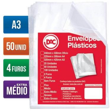 Imagem de Envelope Plastico DAC A3 Espessura EXTRA Medio e 4 Furos 50 UNID