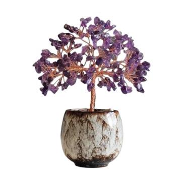Imagem de Árvore de Cristal Enfeite de árvore de cristal para sala de estar, decoração de feng shui de escritório, ornamentos de árvore de pedras preciosas que atraem riqueza Árvore Bonsai(Purple)
