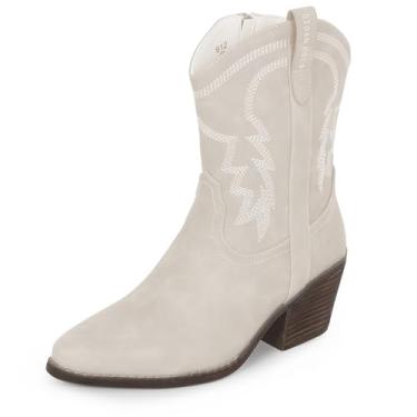 Imagem de gioanroca Bota feminina caubói, bordada, estilo caubói, com bico fino, salto grosso, zíper, botins no tornozelo, Bege, 41