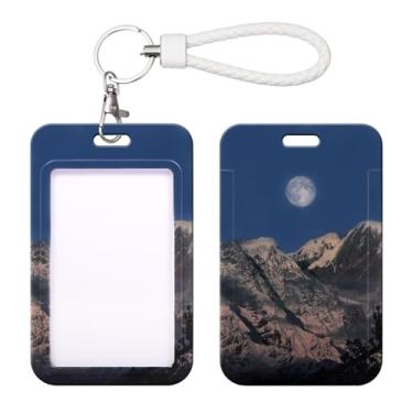 Imagem de SHININGEYES Porta-crachá de identificação com chaveiro de metal, slide de plástico aberto com janela de identificação para mulheres, homens, meninas, estudantes, montanha nevada, céu estrelado