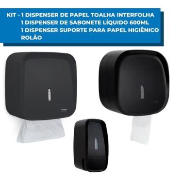 Imagem de Kit Dispenser Papel Toalha Interfolha + Papel Higiênico Rolão e Sabone