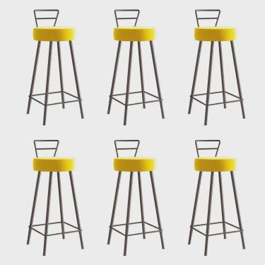 Imagem de Kit 06 Banqueta Alta Com Encosto Tina Eiffel Cozinha Bar Bistrô Ferro Marrom Suede Amarelo - Ahz Móveis