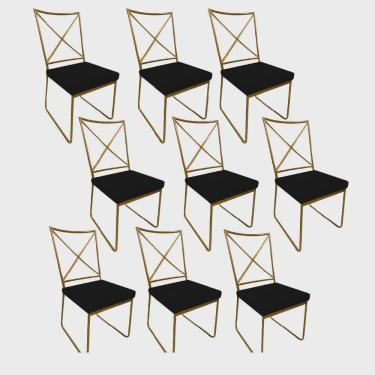 Imagem de Kit 09 Cadeiras Sala de Jantar Escritório Office Clark Industrial Ferro Dourado Corino Preto - Ahz Móveis