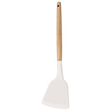 Imagem de BRIIEC 1 afinador sólido de silicone branco com cabo de madeira, utensílios de cozinha resistentes ao calor, utensílios de cozinha ideais para fritar peixe, ovos, carne, batatas fritas