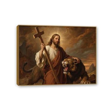 Imagem de Arte de parede em tela Jesus e Cordeiro, Jesus Doma o Leão de Judá, Pôster Rei Leão Cristão Jesus Impressão Pintura Religiosa Arte Igreja Decoração de Parede Imagens 40x30 cm Moldura dourada
