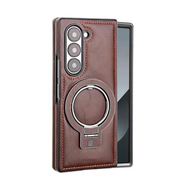 Imagem de MVVKKY Para Samsung Galaxy Z Fold6 Suporte de anel magnético Capa de couro Suporte de alumínio Carregamento sem fio Capa à prova de choque (para Samsung Galaxy Z Fold6/marrom)