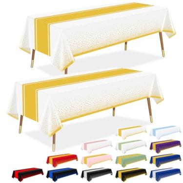 Imagem de LANLISA Toalha de mesa branca e dourada para decoração de primeira comunhão, pacote com 6, toalhas de mesa descartáveis de plástico para aniversário, casamento, bebê, chá de panela, decoração de festa