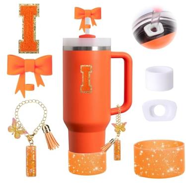 Imagem de Conjunto de 6 peças de acessórios de copo Stanley laranja adequado para Stanley Cup 850.5 g 1,134 g, incluindo tampa à prova de derramamento, bota de silicone brilhante, topo de palha em forma de laço