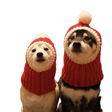 Imagem de WORDERFUL Chapéu de cachorro com pompom fofo de crochê chapéu engraçado vermelho quente inverno gorro de malha snood chapéu para animais de estimação gato (G, vermelho)