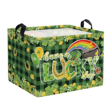 Imagem de Clastyle Lucky Clovers Cesta de presente para bebê Dia de São Patrício dobrável retangular moeda dourada caixa de armazenamento de brinquedos arco-íris xadrez roupas cesta de livros, 36L verde