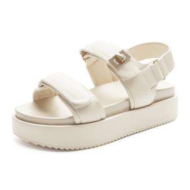 Imagem de FUNKYMONKEY Sandália feminina com alça dupla ajustável com velcro e sola grossa para o verão casual, Bege/PU, 41