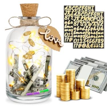Imagem de Homgaty Cofrinho De Vidro Transparente Para Adultos E Crianças, Pote Dinheiro Com Iluminação Led, Garrafa Moedas Glitter, Símbolos Do Alfabeto, Adesivos, Presente Personalizado Casamento Aniversário