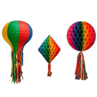 Imagem de Kit Decoração Festa Junina com 3 – Balões Colmeia, Redondo e Lanterna Temática para Arraiás, Escolas e Festas