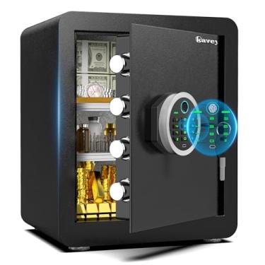 Imagem de Kavey Cofre biométrico SAFE2.0, seguro para impressões digitais com teclado digital e sistema de alarme duplo, seguro para dinheiro com função mudo e luz LED, seguro com prateleira removível, seguro