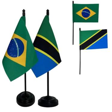 Imagem de Kit Bandeiras de Mesa Brasil e Tanzânia, Base e Haste em Plástico Preto, Tecido Oxford, Uma Face