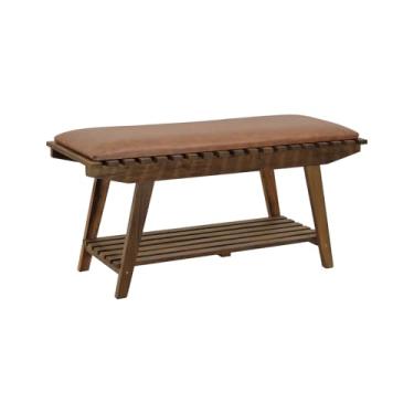 Imagem de Banco/Sapateira 1 Prateleira Summer 100cm Madeira Imbuia Maciça - Stain Imbuia/Estofado Corano Marrom Mescla