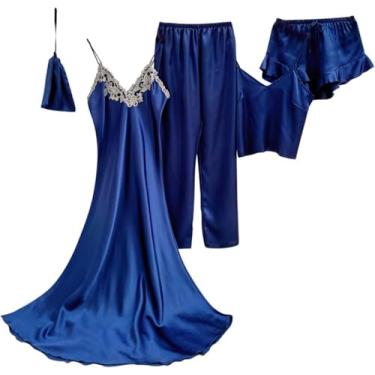 Imagem de 5 Peças Mulheres Camisolas De Verão De Cetim Sexy Robe Roupão Para Mulheres Pijamas Conjunto, Black, M