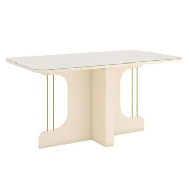 Imagem de Mesa de Jantar Mavi 160 cm Canto Arredondado com Vidro Off White  Henn
