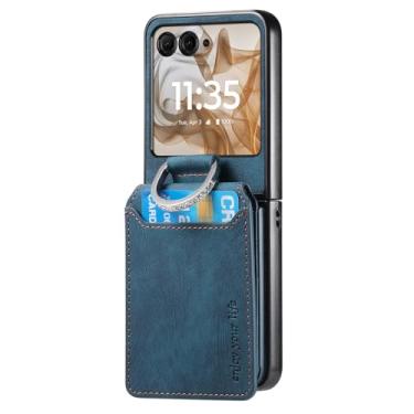 Imagem de POYUFRG Capa fina para Motorola Razr 60 Ultra/60 Pro/60, capa carteira de couro com fecho magnético com porta-cartões e anel de metal, azul, 60 Ultra