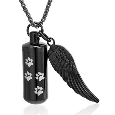 Imagem de Colar de urna de cremação cilíndrica cinzas de animais de estimação pata memorial cinzas com asa de anjo para cão/gato, joia de lembrança para homens e mulheres - P - Preto