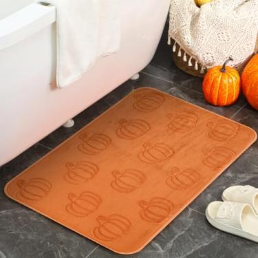 Imagem de Nuanchu Fall Pumpkins Tapete de banheiro antiderrapante lavável 3D em relevo tapete de banho 80 x 50 cm Boho abóbora padrão tapete absorvente de água para banheiro cozinha entrada outono decoração