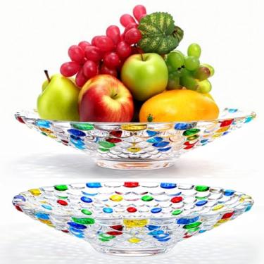 Imagem de Eorbow Pacote com 2 tigelas de frutas de vidro de cristal de 29 cm, prato grande decorativo pintado à mão, peça central colorida para exibir salada, sobremesa, doces, lanche para cozinha, sala de