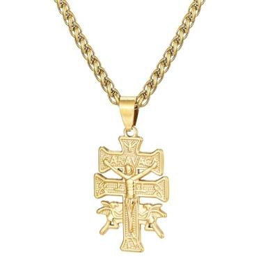 Imagem de SAELACY Pingente de cruz de crucifixo de caravaca católica com colar de anjo querubim para mulheres e homens, aço inoxidável prateado 14K com corrente de trigo de 3 mm, 50,8 cm + 5 cm, chain length:20