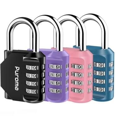 Imagem de Puroma Pacote com 4 cadeados de combinação multicoloridos para locker, cadeado impermeável de 4 dígitos para escola, academia, esportes, cerca, caixa de ferramentas, portão, estojo, ao ar livre