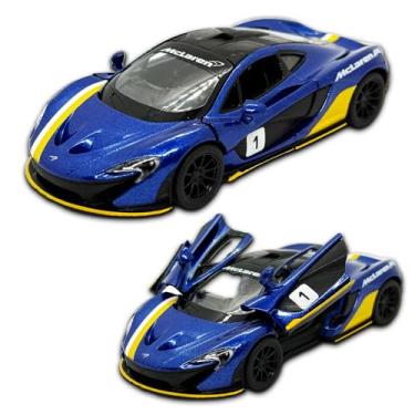 Imagem de Carrinho de ferro miniatura McLaren P1, abertura de portas, com fricção, 12,5 CM, Em metal, 1/36, Pneus em borracha, Kinsmart (Azul Numerada)