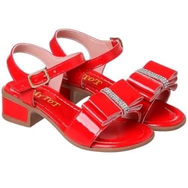 Imagem de Sandália Feminina com Tiras Salto Baixo Confortável Laço Glitter Fivelas Douradas (Vermelha, BR, Criança de 9 a 12 anos, Numérico, 30)