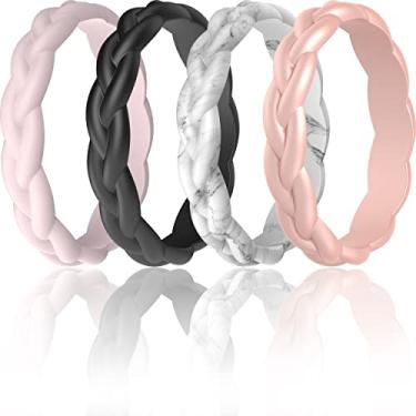 Imagem de ThunderFit Alianças de casamento de silicone para mulheres, design trançado - 3,3 mm de largura 1,8 mm de espessura, 7.5 - 8 (18.2mm), Silicone, ouro, rosa, Sem pedra preciosa