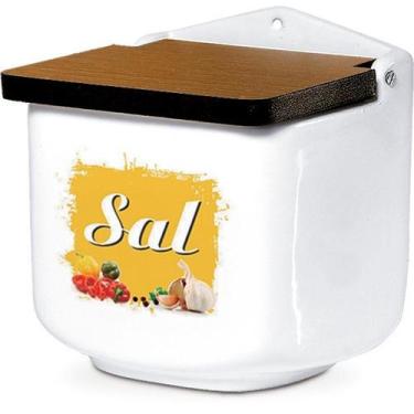 Imagem de Saleiro de Cerâmica Branco Decorado e Tampa de Madeira - SEGUNDA LINHA