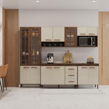 Imagem de Cozinha Modulada Completa Fidelitá Lisboa 5 Peças 260cm 13 Portas 3 Gavetas Com Tampo Noce/off-white