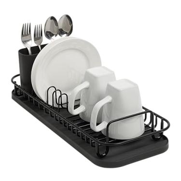 Imagem de SunnyPoint Escorredor de louça compacto NeverRust de aço inoxidável 304 com suporte de utensílios e bandeja de drenagem removível, escorredor de pratos pequeno à prova de ferrugem para bancada de