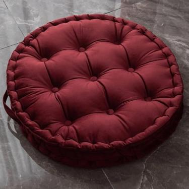 Imagem de Almofadas De Assento De Almofada De Chão Redondas Almofadas Acolchoadas Sólidas Grossas Almofada De Meditação De Chão Redonda Com Alça De Transporte Para Cadeira De Ch, Dark Red