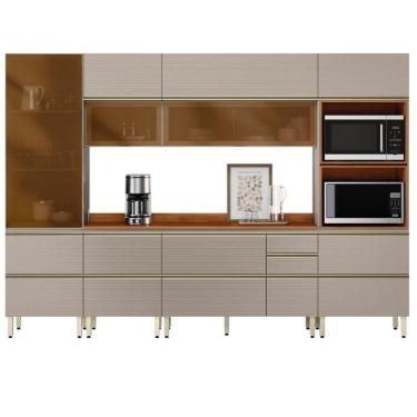 Imagem de Cozinha Modulada Proença 6 Peças Com Cristaleira E Aéreo 120cm Nogueira Touch/Nude Prime Tx - Demartêz