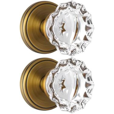 Imagem de SHINY HANDLES Maçanetas de porta de latão antigo, maçanetas de porta de cristal, maçanetas de porta falsas, interior de vidro vintage, sem giro, lado único, pacote com 2