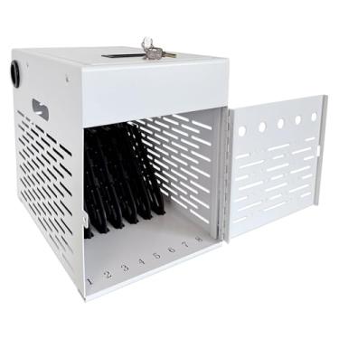 Imagem de Estação de carregamento para tablet de 8 dispositivos, caixa de aço bloqueável para Chromebooks, iPads, laptops e tablets de 14 polegadas, armazenamento seguro com 2 chaves, ideal para salas de aula