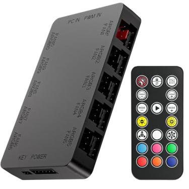 Imagem de GSCOLER Controlador de hub de ventilador ARGB e PWM de 10 portas - Suporte magnético 5V/3PIN RGB PC Fan Hub com controle remoto sem fio, controle de chave de chassi e alimentação SATA - Suporta 10