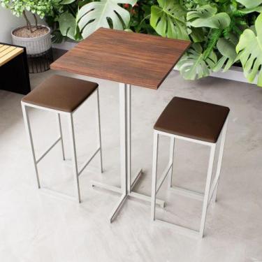 Imagem de Conjunto Mesa Alta Bar Bistrô Quadrada Imbuia 2 Bancos Estofado Indust