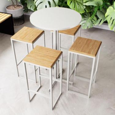 Imagem de Conjunto Mesa Alta Bar Bistrô Redonda Branca 4 Bancos Pinus Industrial