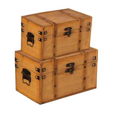 Imagem de Vintiquewise Farmhouse Baú de tesouro de madeira estilo antigo com tiras de couro e trava frontal porta-malas de armazenamento decorativo para bijuterias ou letras com detalhes rústicos para decoração